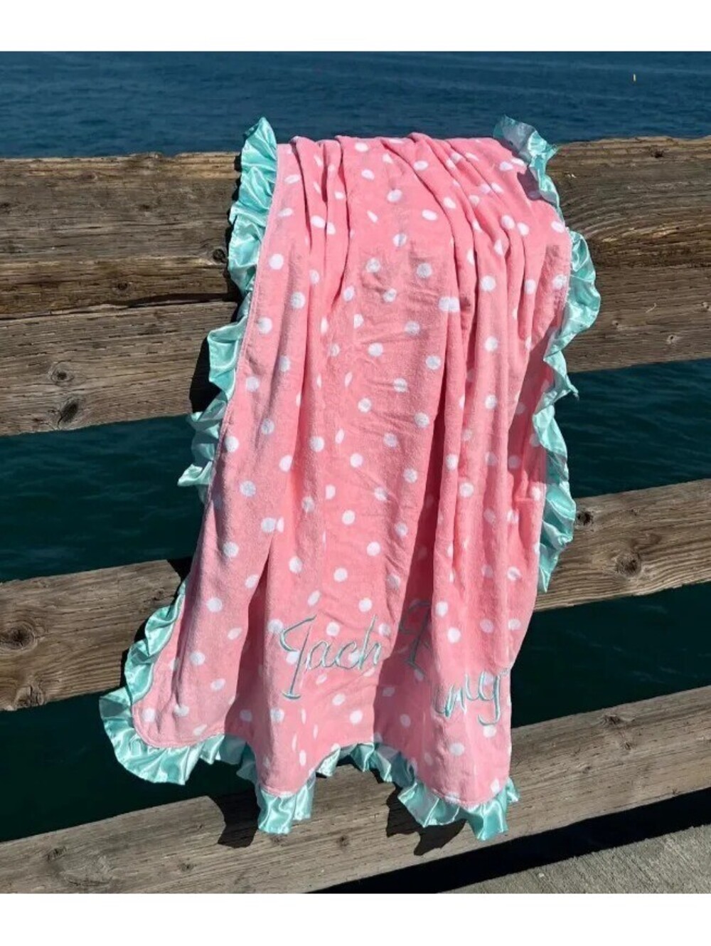 BEACH BUNNY PINK & WHITE POLKA DOT BEACH TOWEL WITH AQUA BLUE RUFFLE SATIN TRIM